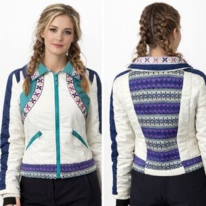 SUGARFLY Senna Patchwork Sweater Knit Nylon Puffer Jacket Coat White Teal Purple